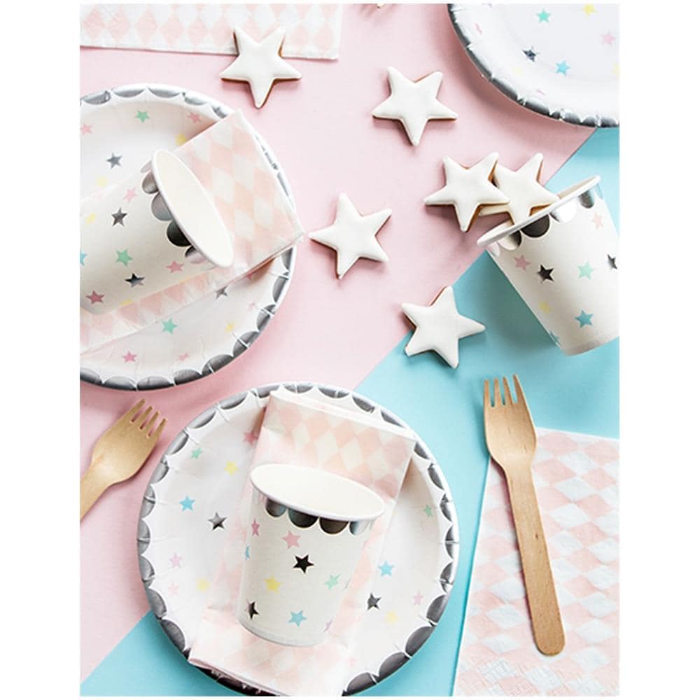 Partydeco - 6 Piattini In Cartone Bianchi Con Stelle Pastello 18 Cm - Foto 2