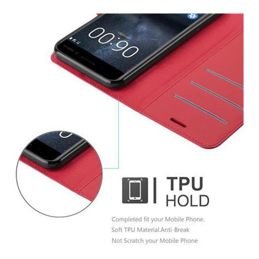 Custodia Compatibile Con Nokia 6 In Rosso Carminio - Coperchio Protettiva Con Chiusura Magnetica, Funzione Stand E Tasca Per Le Carte - Foto 6