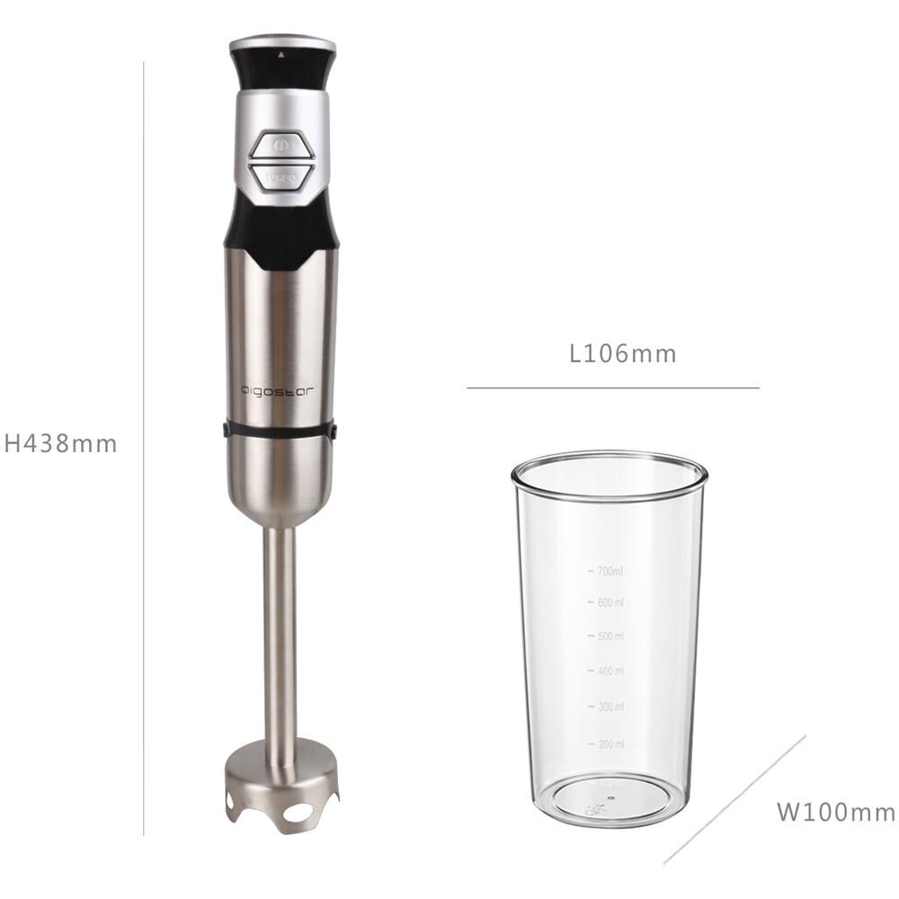 Aigostar Frullatore ad Immersione 8433325503147 con Recipiente da 0.7 L Potenza 600 Watt Colore Inox OY10563
