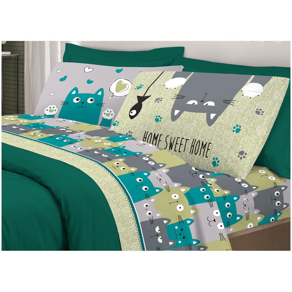 Completo Lenzuola Letto Pensieri Delicati 100% Cotone Disegno Happy Cat Singolo Verde - Foto 1