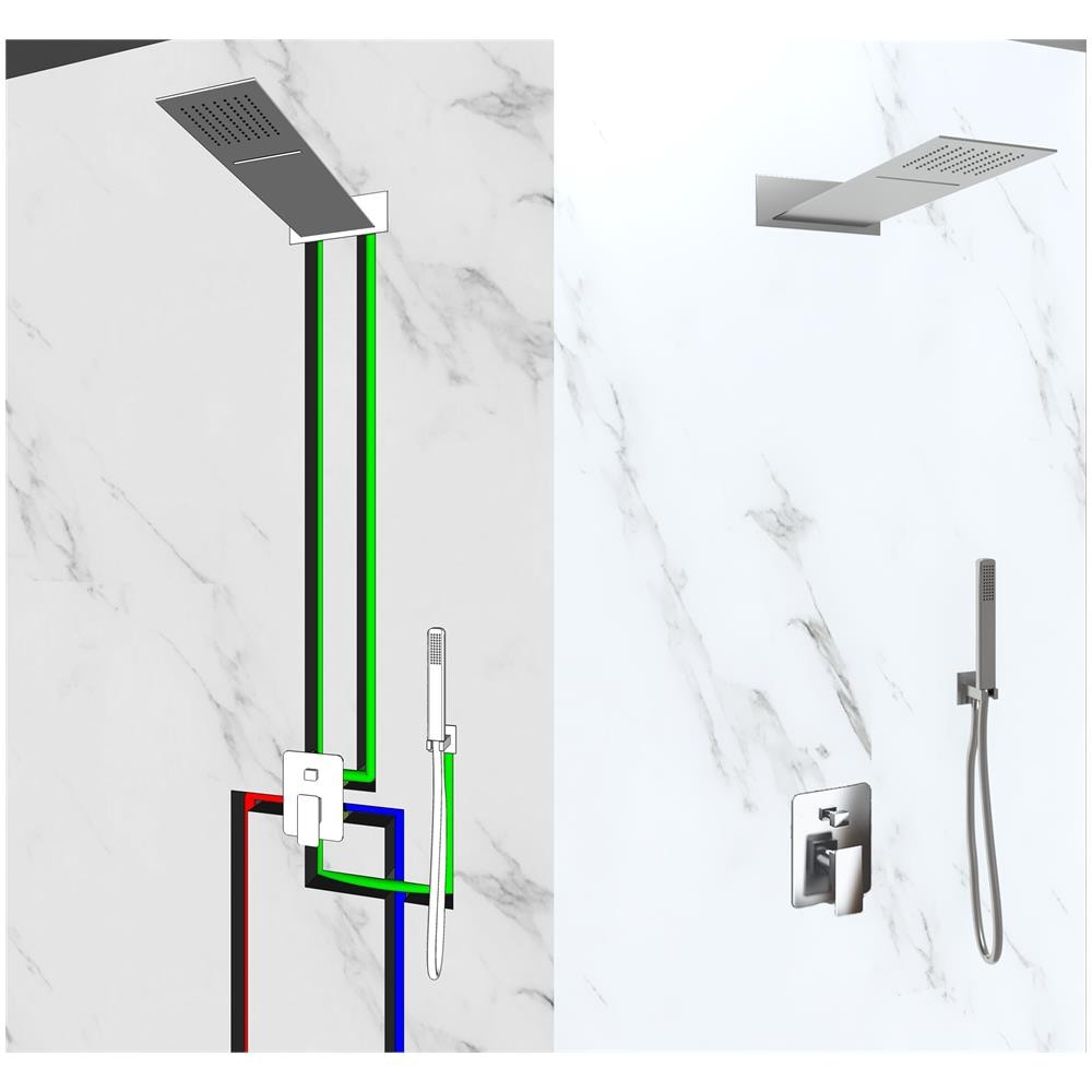 Kit Doccia 3 Vie Soffione Rettangolare Acciaio Inox 55x23 Cm Slim 2,5 Mm Con Cascata Cervicale + Presa Acqua + Flessibile + Doccino - Foto 3