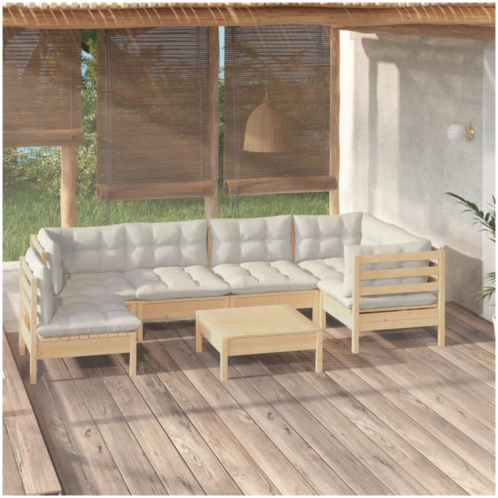 Set Divani Da Giardino 7 Pz Con Cuscini Crema In Massello Di Pino - Foto 1