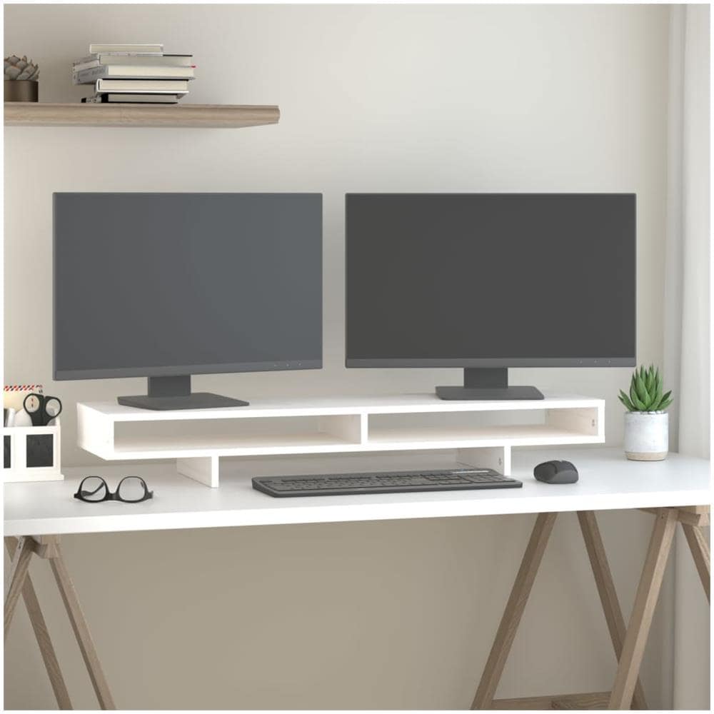 Supporto Per Monitor Bianco 100x27x14 Cm Legno Massello Di Pino - Foto 1