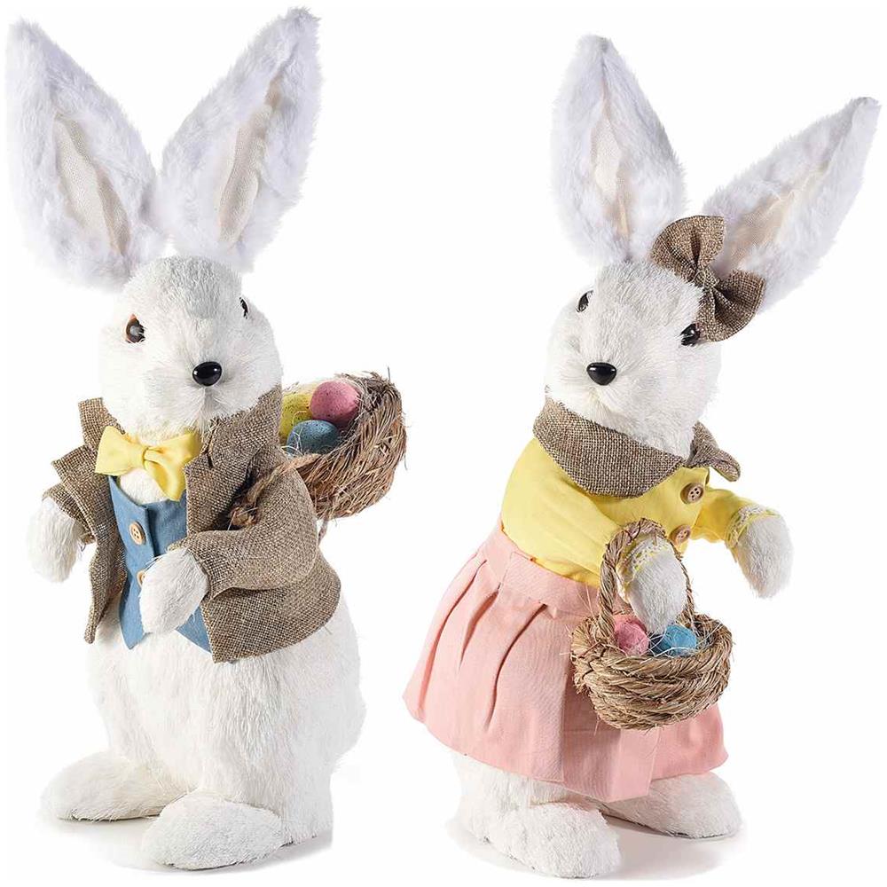 2x Coniglietti Pasquali Decorativi In Fibra Naturale Con Cestino, Vestito E Uova - Foto 1