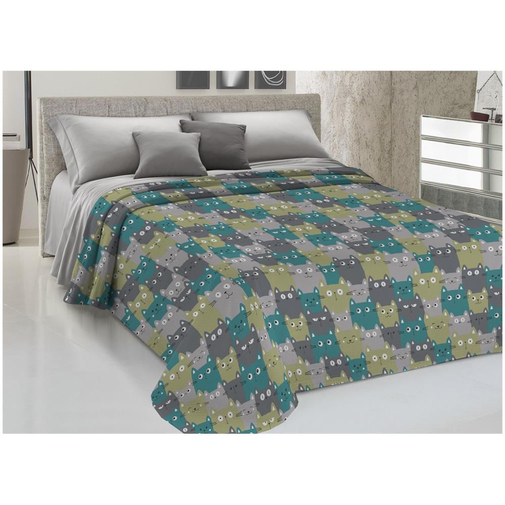 Copriletto Piquet Primavera Estate 100% Cotone Disegno Happy Cat Singolo Verde - Foto 1