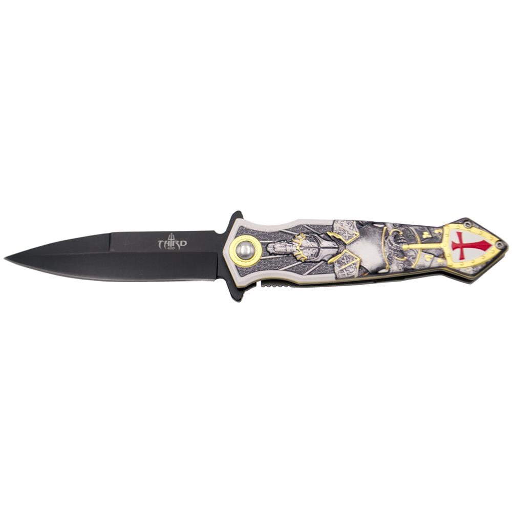 Temperino Templar Third, Manico In Alluminio De Decorato Con Cavaliere Templare E Lama Nera De 8,9 Cm, K2907, Strumento Per Uso Sportivo, Pesca E Caccia - Foto 1