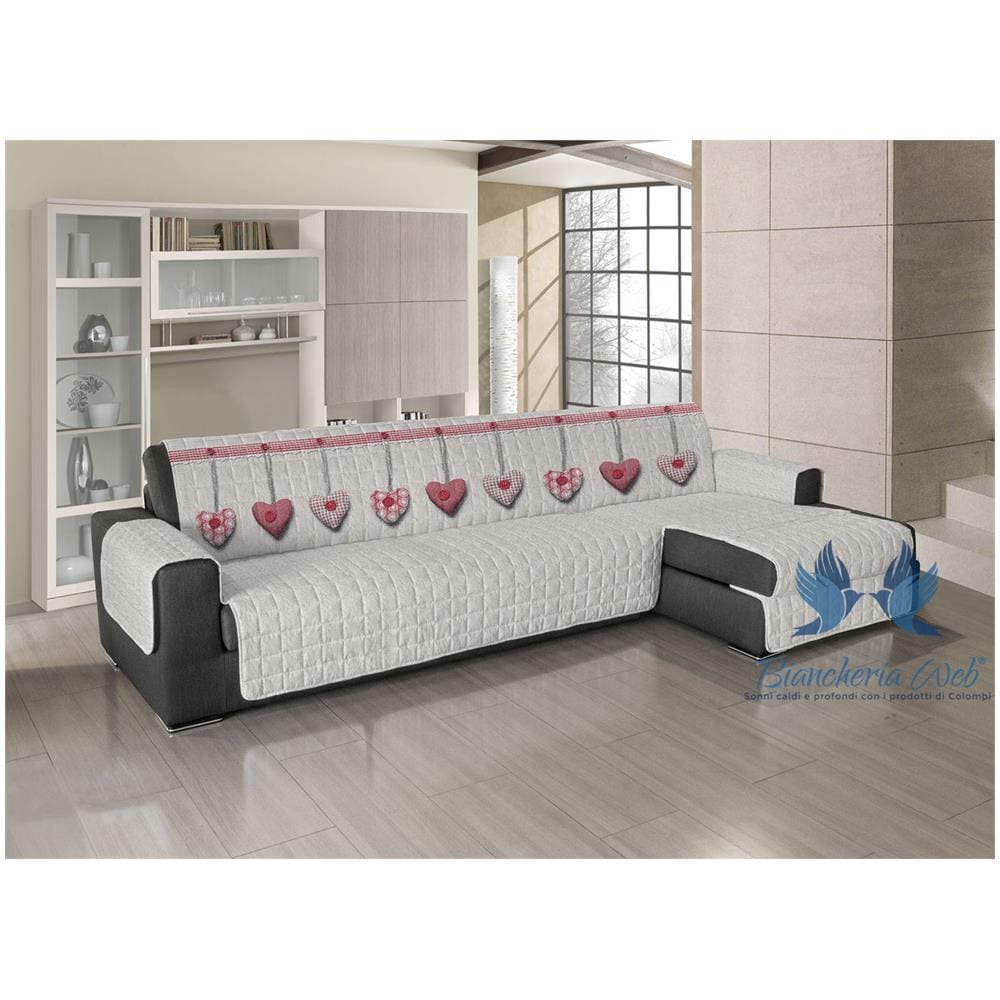 Copridivano Trapuntato Per Divani Con Penisola Disegno Cuore Appeso 190-195 Cm Rosso - Foto 1