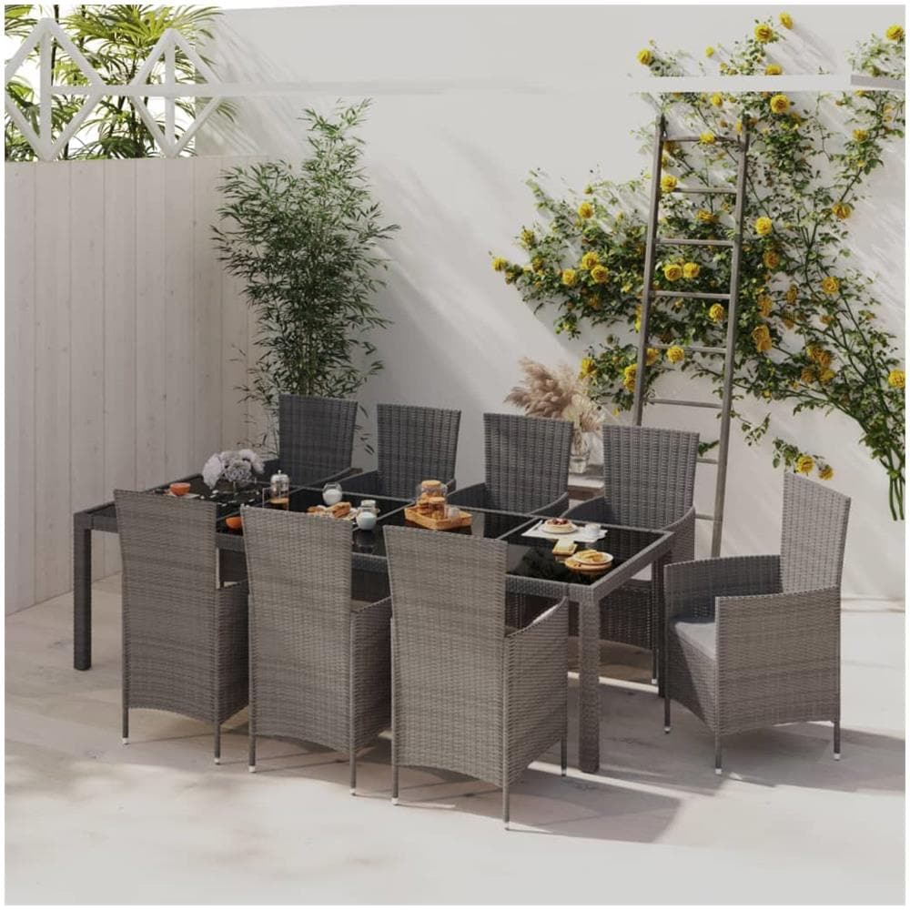 Set Da Pranzo Da Giardino 9 Pz Con Cuscini In Polyrattan Grigio - Foto 1