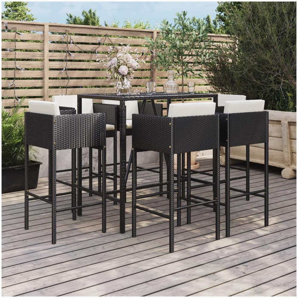 Set Bar Da Giardino 7 Pz Con Cuscini In Polyrattan Nero - Foto 1