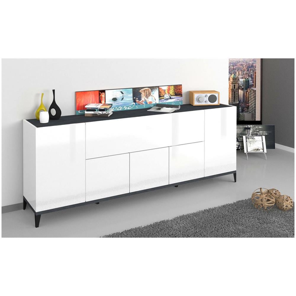 Credenza Vittorio, Madia Da Cucina A 6 Ante, Buffet Da Soggiorno, 100% Made In Italy, Cm 200x40h82, Bianco Lucido E Ardesia - Foto 1