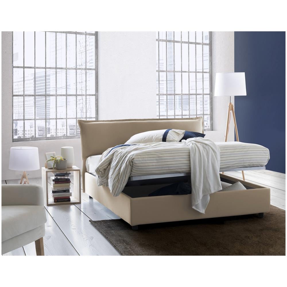 Letto Matrimoniale Clorinda, Letto Contenitore Sfoderabile Con Testiera E Giroletto Contenitore Imbottiti, 100% Made In Italy, Con Materasso Cm 160x200 Incluso, Beige - Foto 2