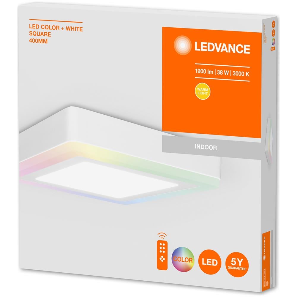 Ledvance Apparecchio Led A Parete E A Soffitto, Led Color + White / 38 W, 220…240 V, Ampiezza Fascio Luminoso: 110°, Bianco Caldo, 3000 K, Materiale: Alluminio, Ip20 - Foto 1