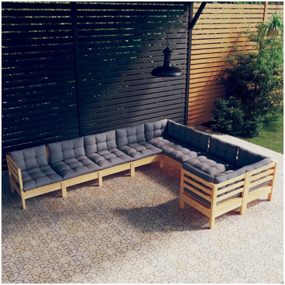 Set Divani Da Giardino 9 Pz Con Cuscini Grigi Massello Di Pino - Foto 1