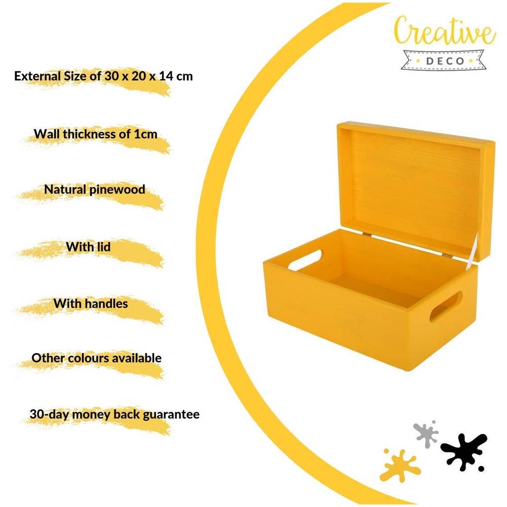 Gialla Grande Scatola In Legno | 30 X 20 X 14 Cm | Coperchio E Maniglie | Cassetta Conteniore Portaoggetti Portagiochi Cofanetto Documenti Attrezzi | Perfetta Per Decoupage E Decorare - Foto 2