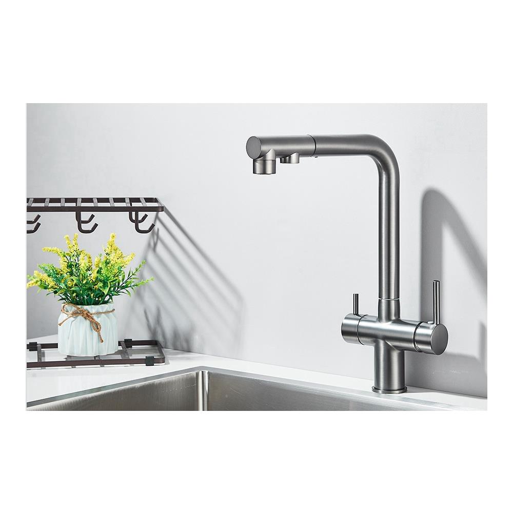 Rubinetto per lavello da cucina, Blackswan, tipo M396, modello grigio antracite, con uscita acqua purificata e doccia mobile, dimensione 32,5 cm - Foto 1