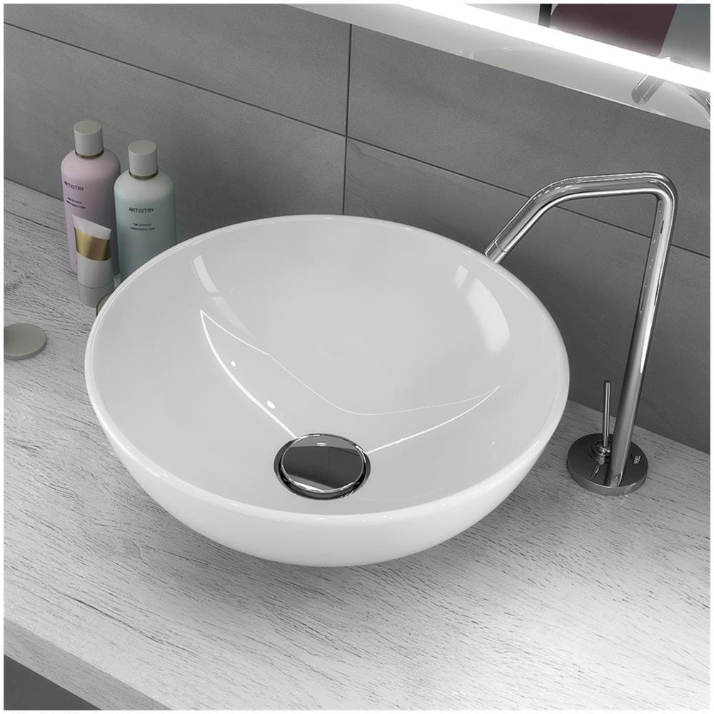 Lavabo Da Appoggio Ceramica Bianco Tondo Lavandino Bagno 41,5x41,5x13,5 Cm *** Finitura- : Lucido - Foto 1
