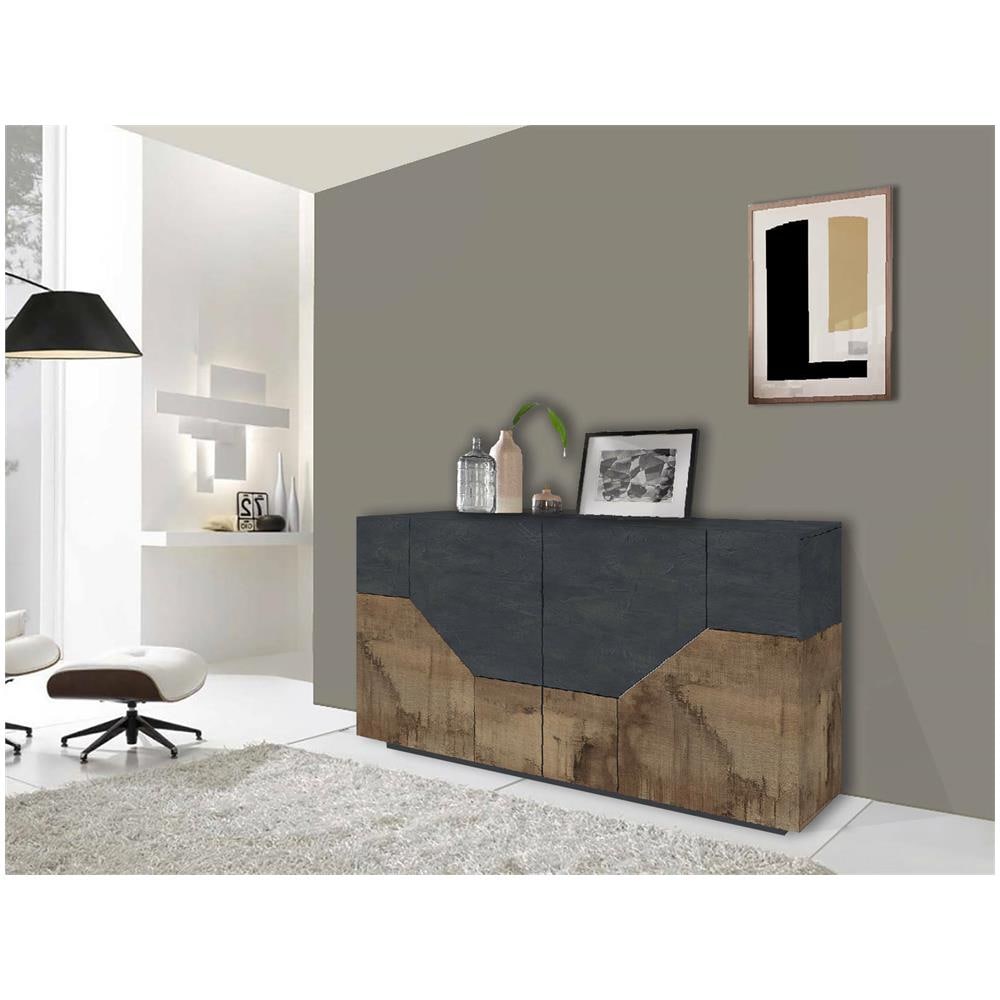 Credenza Carlo, Madia Da Cucina A 4 Ante Geometriche, Buffet Da Soggiorno, Madia Da Cucina, 100% Made In Italy, Cm 159x43h86, Ardesia E Acero - Foto 1