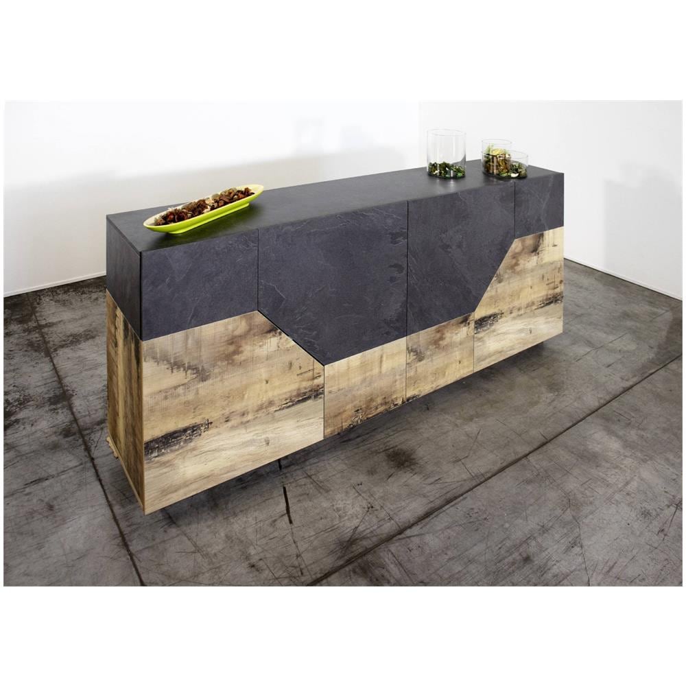 Credenza Carlo, Madia Da Cucina A 4 Ante Geometriche, Buffet Da Soggiorno, Madia Da Cucina, 100% Made In Italy, Cm 159x43h86, Ardesia E Acero - Foto 4