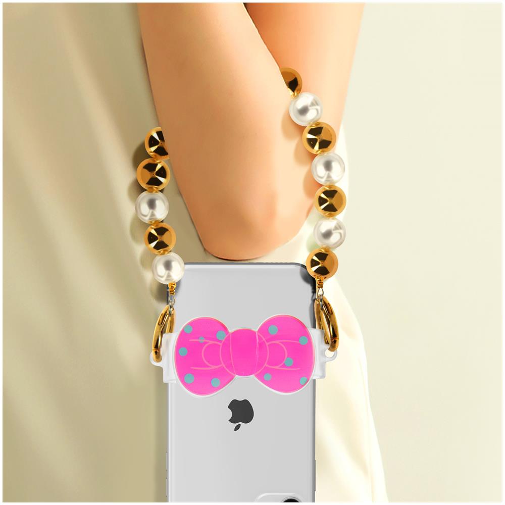 Bracciale Telefono Perle Dorate E Bianche Clip Design Fiocchetto - Foto 5