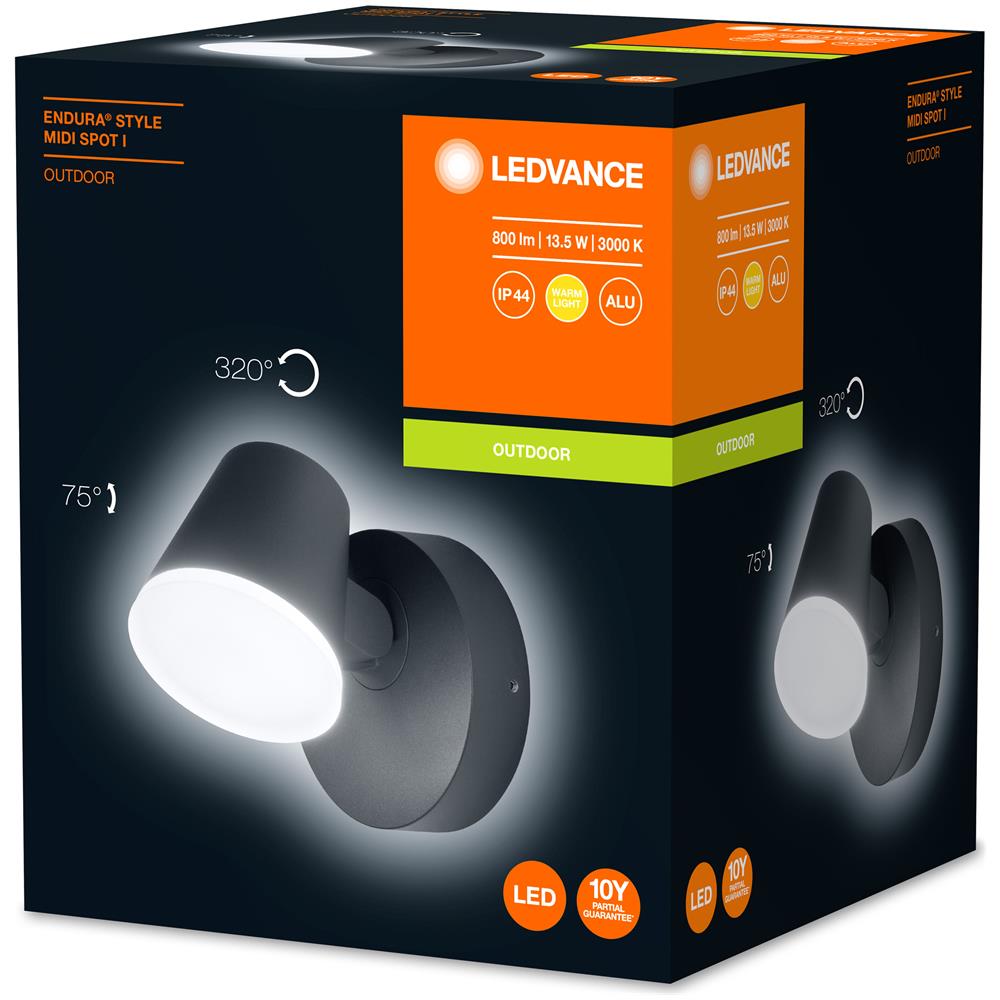 Ledvance Apparecchio Led A Parete E A Soffitto, Lampada Da Esterno, Endura® Style Midi Spot / 12,50 W, 220…240 V, Ampiezza Fascio Luminoso: 110°, Bianco Caldo, 3000 K, Materiale: Alluminio, Ip44 - Foto 6
