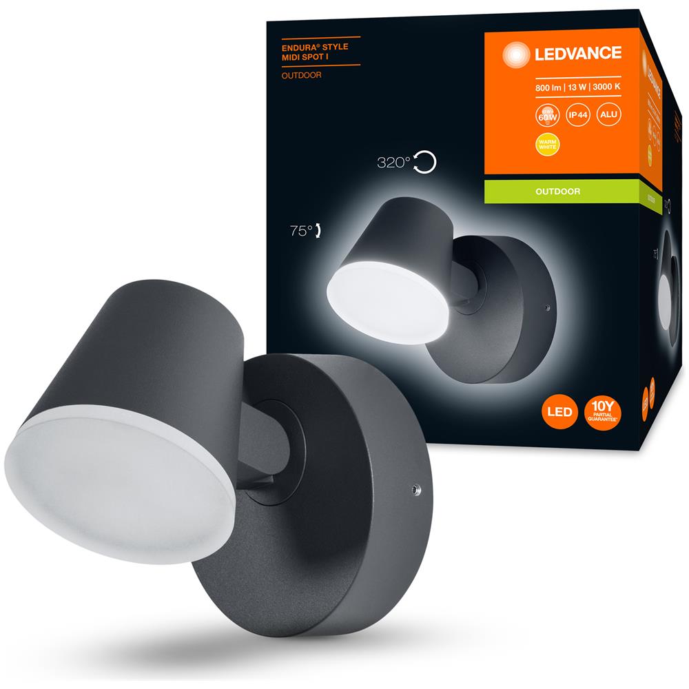 Ledvance Apparecchio Led A Parete E A Soffitto, Lampada Da Esterno, Endura® Style Midi Spot / 12,50 W, 220…240 V, Ampiezza Fascio Luminoso: 110°, Bianco Caldo, 3000 K, Materiale: Alluminio, Ip44 - Foto 2