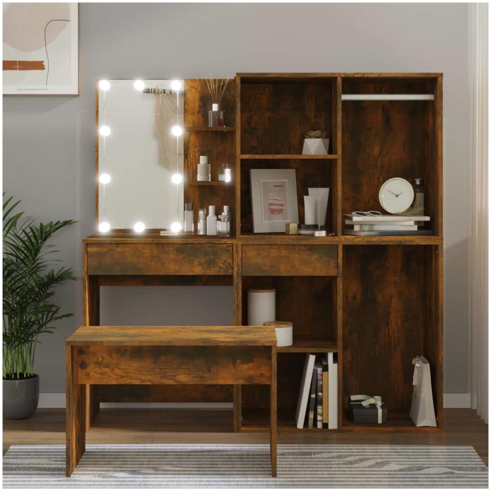 Set Tavolo Da Toeletta Con Led Rovere Fumo In Legno Multistrato - Foto 7