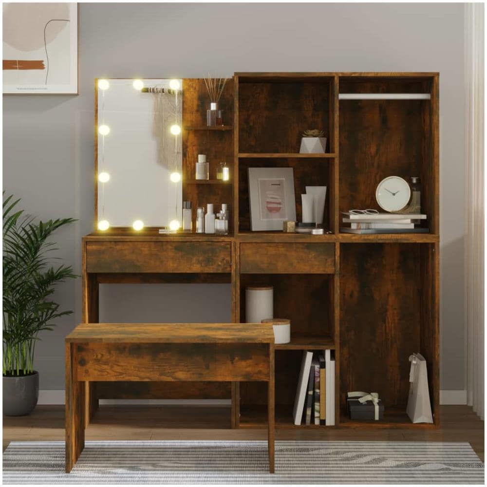 Set Tavolo Da Toeletta Con Led Rovere Fumo In Legno Multistrato - Foto 1