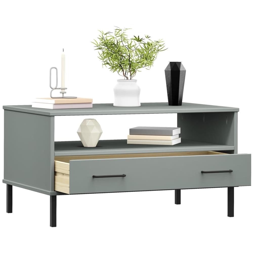 Tavolino Gambe Metallo Grigio 85x50x45 Cm Legno Massello Oslo - Foto 3