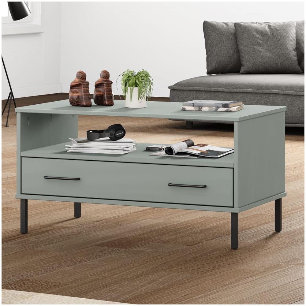 Tavolino Gambe Metallo Grigio 85x50x45 Cm Legno Massello Oslo - Foto 1