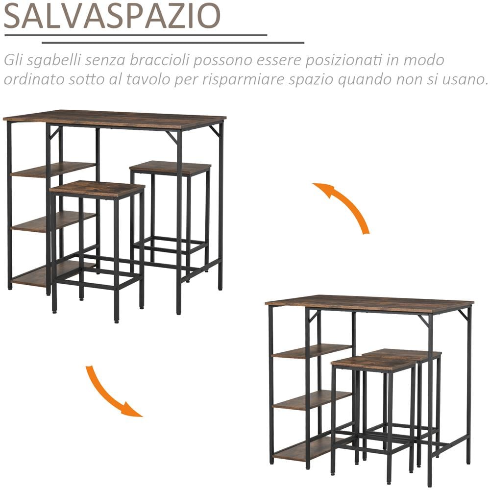 Set Tavolo Alto 2 Sgabelli E Scaffale Stile Industriale Metallo E Legno - Foto 8