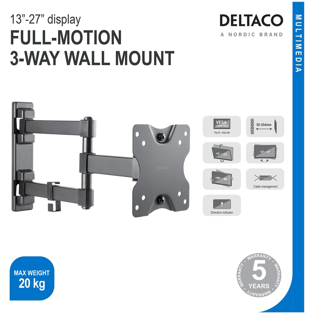 , Parete 3 Vie Full-motion, 13""-27"", 20kg, 75x75-100-100 - Foto 14