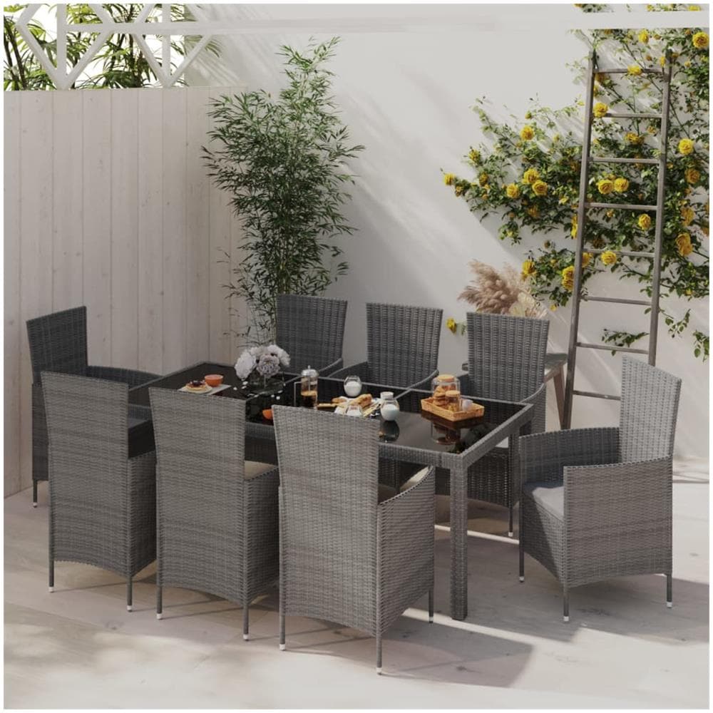 Set Da Pranzo Da Giardino 9 Pz Con Cuscini In Polyrattan Grigio - Foto 1