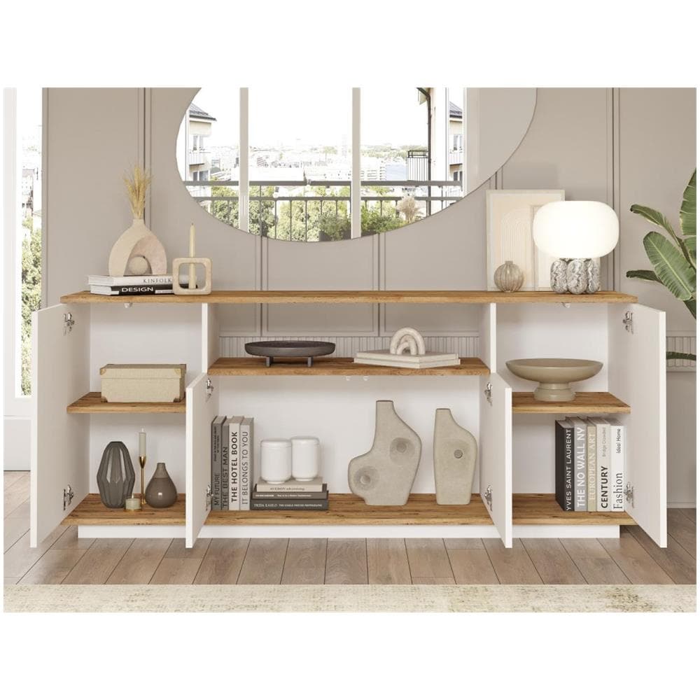 Credenza Con 4 Ante E 1 Ripiano Naturale Chiaro E Bianco - Lotula - Foto 5