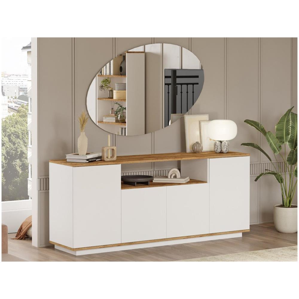 Credenza Con 4 Ante E 1 Ripiano Naturale Chiaro E Bianco - Lotula - Foto 1