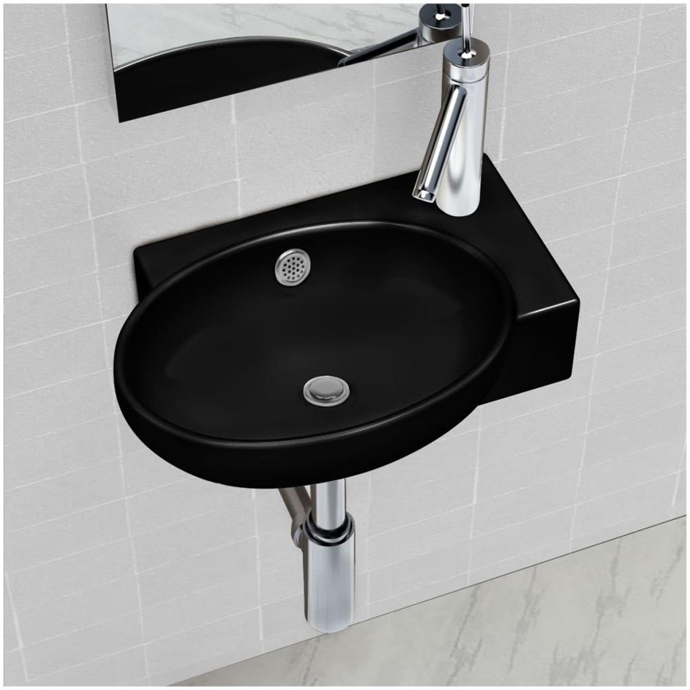 vidaXL Lavandino da Bagno Ceramica Nera con Piletta Scarico Lavello Lavabo