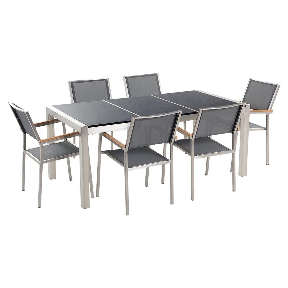 Set Di Tavolo E 6 Sedie Da Giardino In Acciaio, Basalto E Fibra Tessile Grigia - Nero Lucido - 180cm - Grosseto - Foto 1
