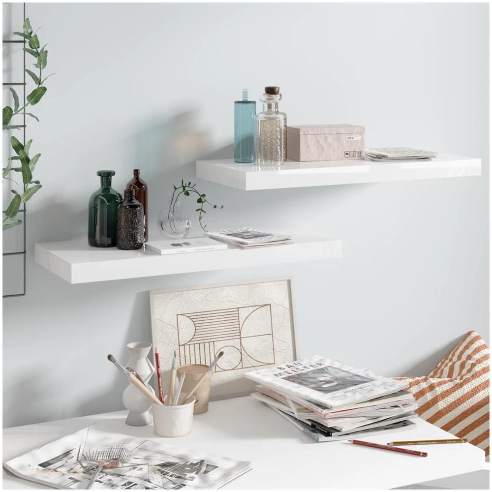 Scaffali A Parete 2 Pz Bianco Lucido 60x23,5x3,8 Cm In Mdf - Foto 1