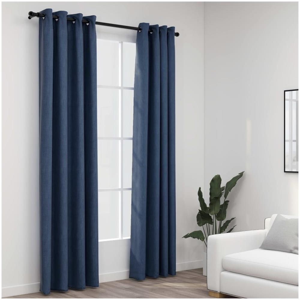 Tende Oscuranti Effetto Lino Con Occhielli 2 Pz Blu 140x225 Cm - Foto 1
