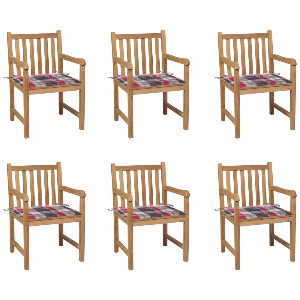 Sedie Giardino 6 pz con Cuscini Rossi a Quadri Massello di Teak - Foto 1