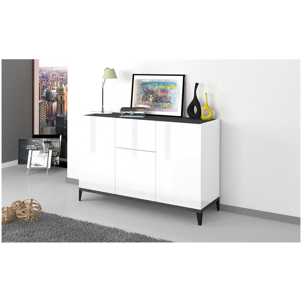 Credenza Giorgio, Madia Da Cucina A 3 Ante E 1 Cassetto, Buffet Da Soggiorno, Madia Da Cucina, 100% Made In Italy, Cm 120x40h82, Bianco Lucido E Ardesia - Foto 1