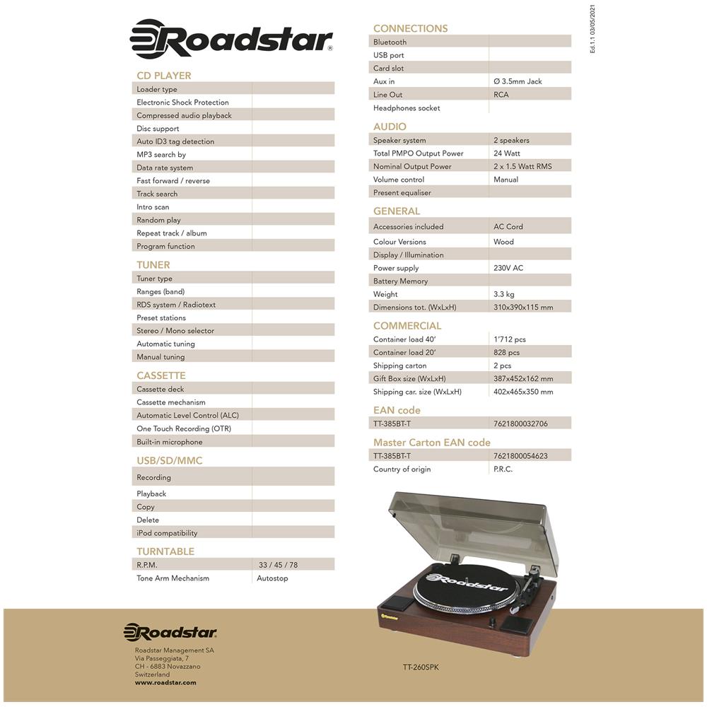 Roadstar Tt-260spk Giradischi 3 Velocità 33/45/78 Giri, Altoparlanti Integrati, Uscita Audio Rca Legno - Foto 8