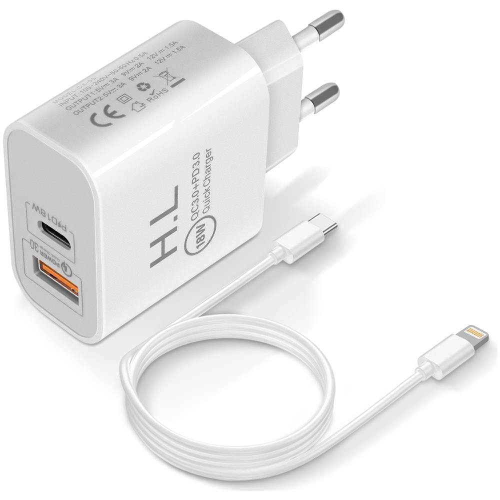 Caricatore Da Muro Usb / Usb-c 18w Power Delivery Q. c 3.0, Cavo Lightning Bianco - Foto 1