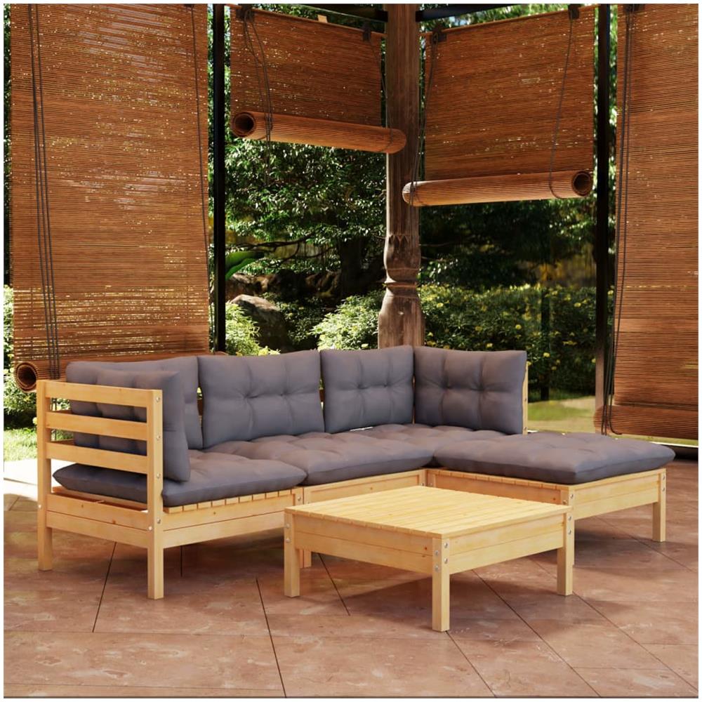 Set Divani Da Giardino 5 Pz Con Cuscini Grigi Massello Di Pino - Foto 1