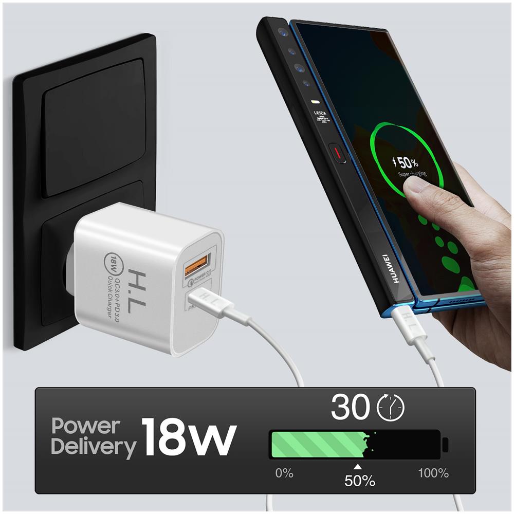 Caricatore Da Muro Usb / Usb-c 18w Power Delivery Q. c 3.0, Cavo Usb-c Bianco - Foto 2