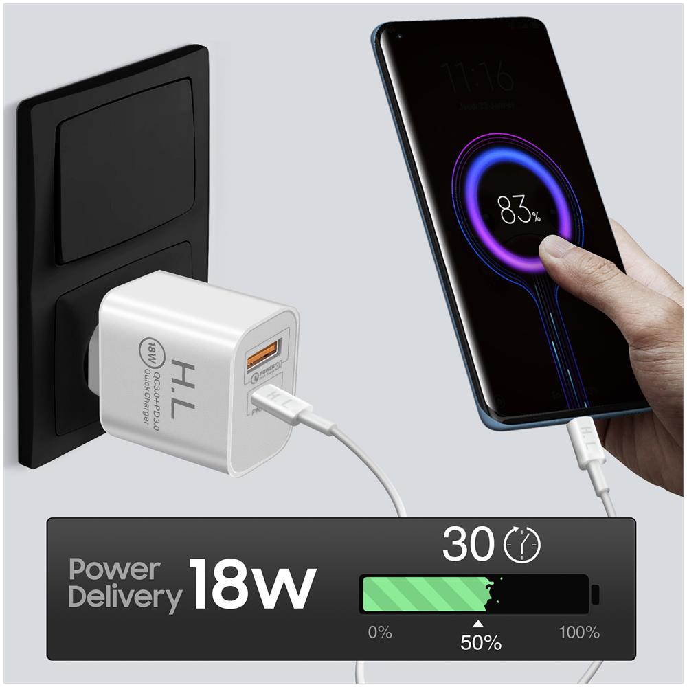 Caricatore Da Muro Usb / Usb-c 18w Power Delivery Q. c 3.0, Cavo Usb-c Bianco - Foto 6