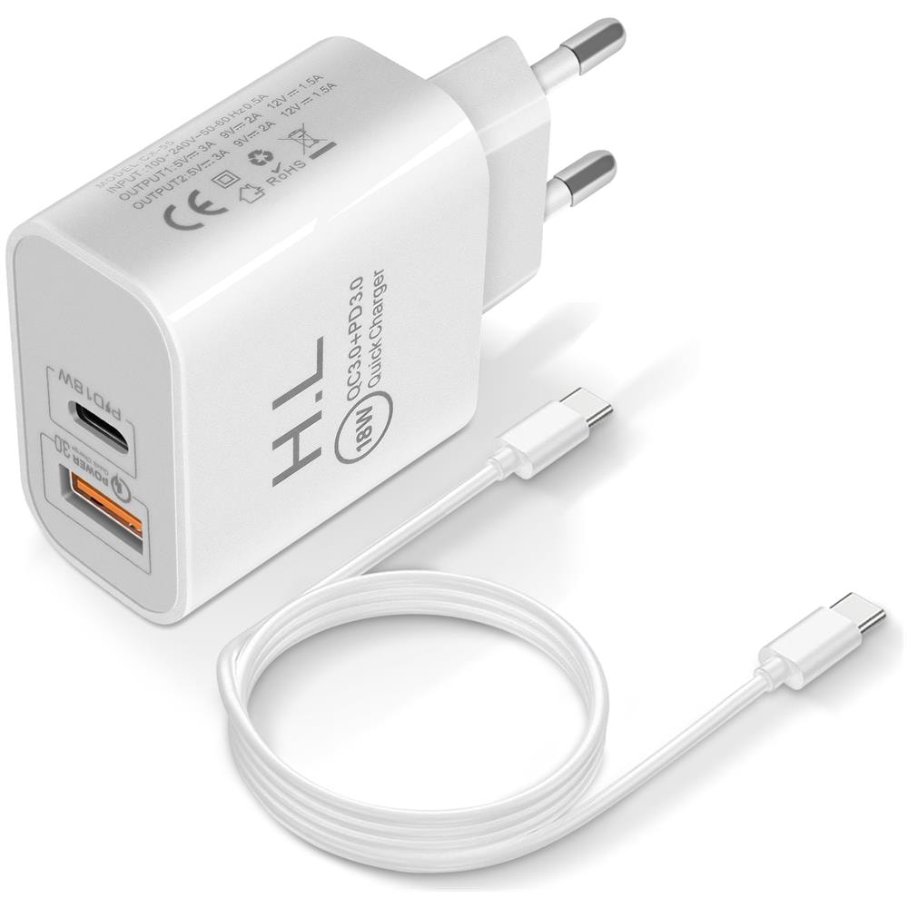 Caricatore Da Muro Usb / Usb-c 18w Power Delivery Q. c 3.0, Cavo Usb-c Bianco - Foto 1