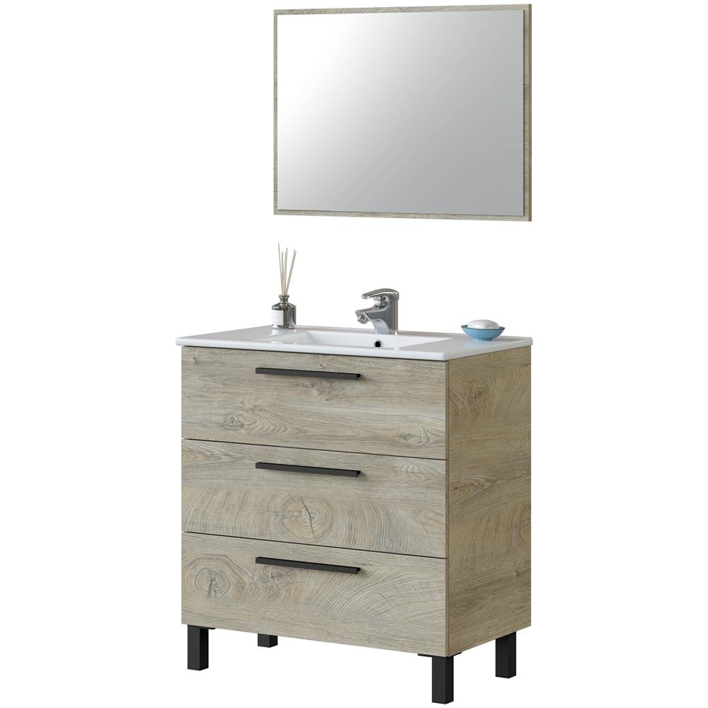 Mobile sottolavabo Palmdale, Mobiletto per bagno, Armadio a 3 cassetti e specchio, lavabo non incluso, cm 80x45h86, Rovere - Foto 2