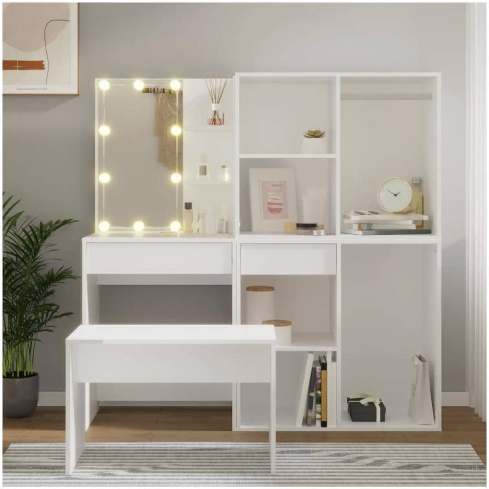 Set Tavolo Da Toeletta Bianco Con Led In Legno Multistrato - Foto 1