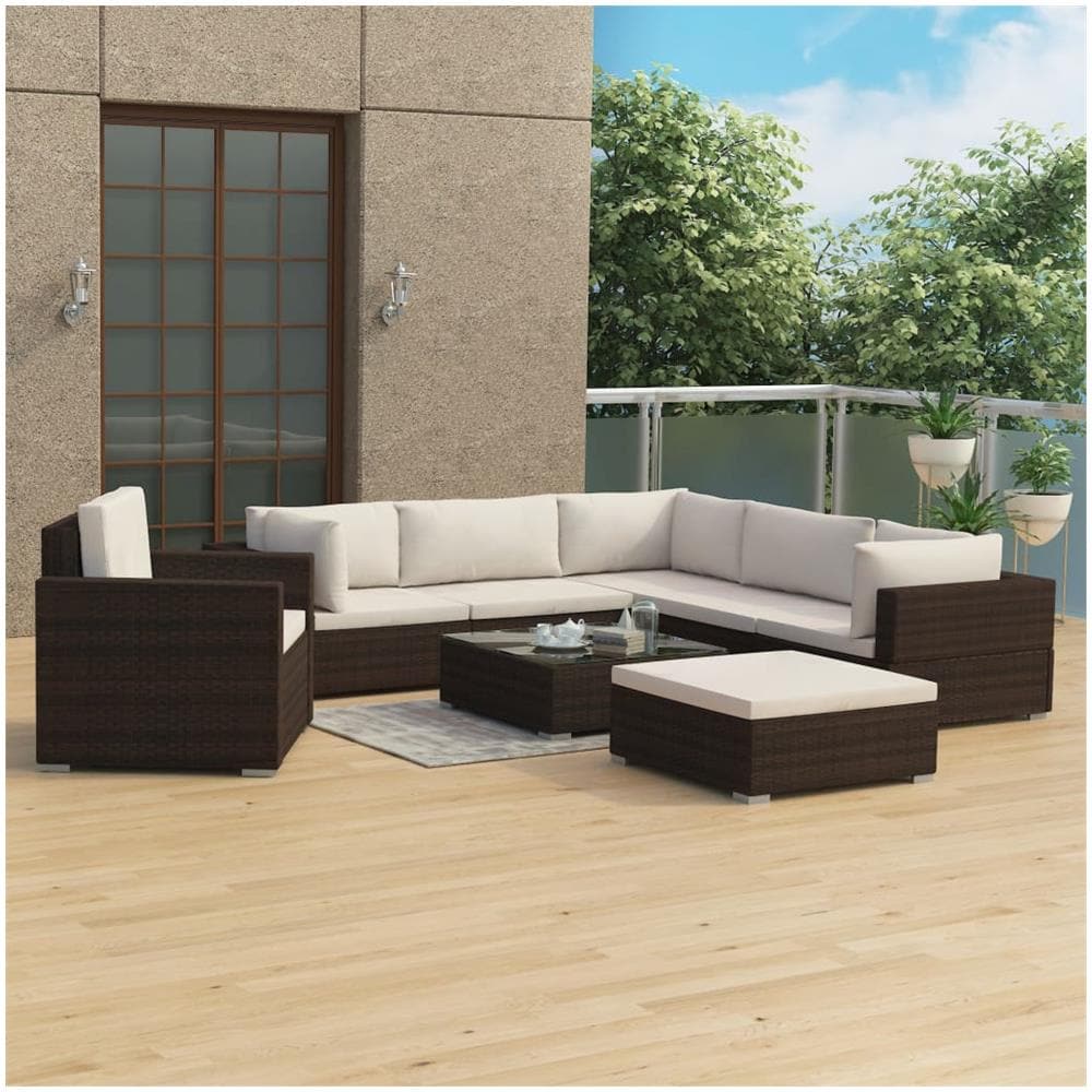 Set Divani Da Giardino 8 Pz Con Cuscini In Polyrattan Marrone - Foto 1