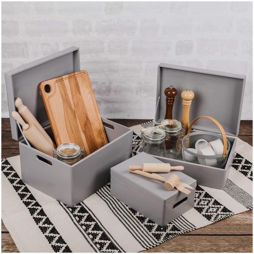 Xl Grigio Grande Scatola In Legno | 40 X 30 X 14 Cm | Coperchio E Maniglie | Cassetta Conteniore Portaoggetti Portagiochi Cofanetto Documenti Attrezzi | Perfetta Per Decoupage E Decorare - Foto 5